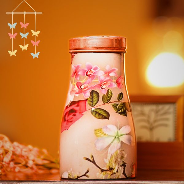 Copper Bottle with glass- Gray Floral